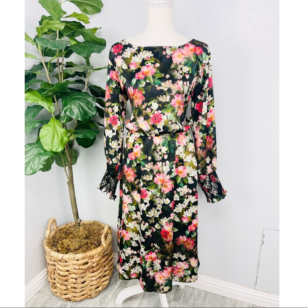JayGodFrey Black Sheer Floral Smocked Sleeve Smocked Chiffon Style Dress